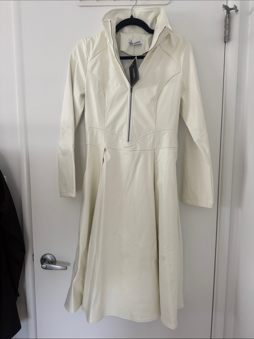 Cream Long-Sleeve Fit-and-Flare Dress with Front Zip